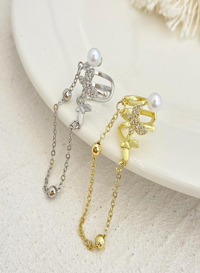 Cicod Ear Cuff Earrings for Women No Piercing Zircon Star Heart Pearl cuffs Helix Cartilage Clip On Wrap Earring Adjustable Ear Cuffs Prom Jewelry for Women (Butterfly Chain) - Image 5